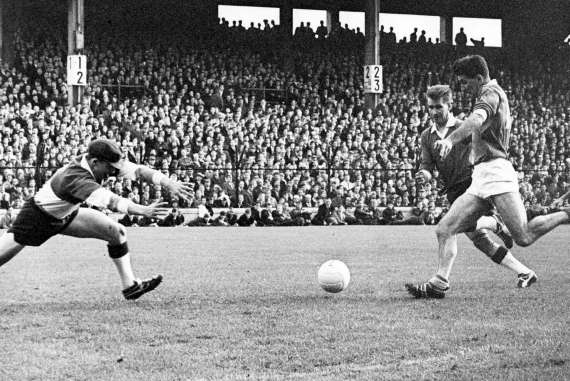 Mick O'Dwyer shoots for goal in the 1969 All Ireland Final against Offaly